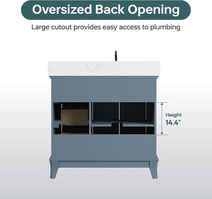 36 Inch Bathroom Vanity with Sink, Fully Assembled Bathroom Vanities with Quartz Countertop, 36 Vanity with Sink and Countertop, Soft Closing Doors & Dovetail Drawer, Steel Blue