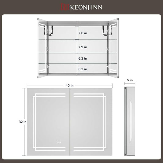 Keonjinn 40 x 32 Inch Large Medicine Cabinet with Lights, LED Lighted Medicine Cabinet Mirror for Bathroom, No Outlets, Tempered Glass, UL-Listed, Dimmable, 3 Color Lights, Anti-Fog, Wall Mount Only