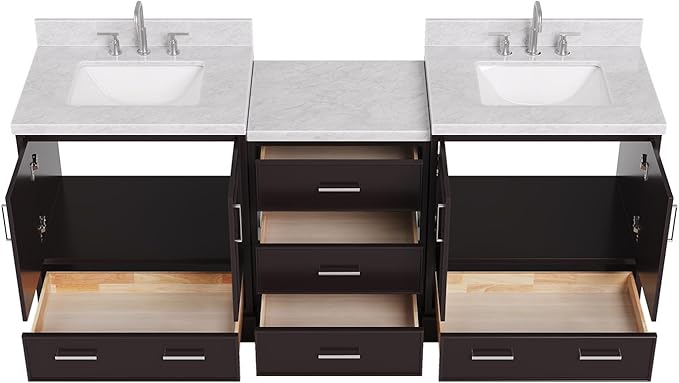 ARIEL Stafford 84-inch Bathroom Vanity with Sink,Solid Wood, 1.5in Italian Carrara Marble Countertop, Double Rectangular Porcelain Sink, 4 Soft Closing Doors, 5 Dovetail Drawers, Espresso