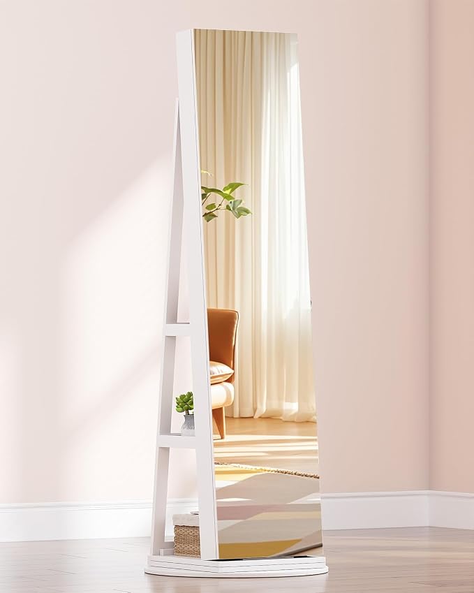 Vlsrka 360° Swivel Mirror Jewelry Cabinet, Lockable Jewelry Armoire, White | Standing Jewelry Cabinet with Lights, Framelss Mirror with Storage, Foldable Makeup Shelf, Interior Mirror, Gift for Women