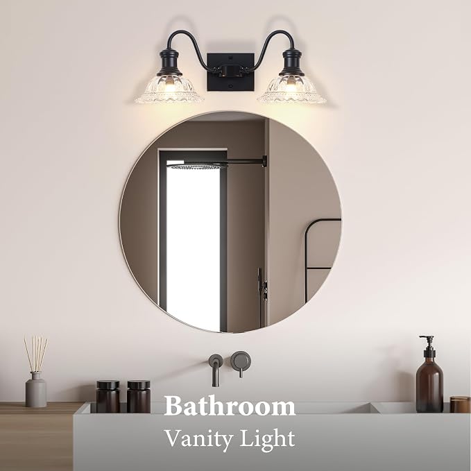 Farmhouse Vanity Lights, 2-Light Vanity Light with Clear Flower Glass Shade, Bathroom Lights Fixtures Over Mirror, Vintage Wall Sconce for Bathroom, Dressing Table