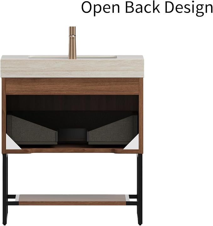 30" Freestanding Bathroom Vanity with Sink, Bathroom Vanity with Sintered Stone Top & Undermount Ceramic Basin, Pre-Assembled Striped Bathroom Storage Cabinet with Drawer & Open Shelf, Walnut