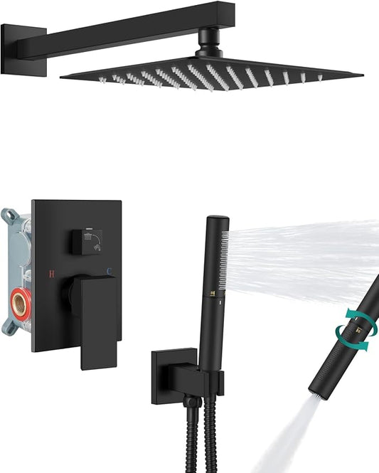 Aolemi Shower System with Rain Head and Handheld,10-Inch,Matte Black | High-Pressure Shower Faucet Set with Dual-Function Handheld,Rough-In Valve,1.8 GPM,Wall-Mount Trim Kit