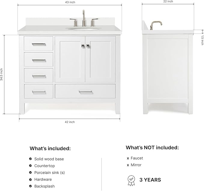 ARIEL Cambridge 42-inch Bathroom Vanity with Sink,Solid Wood, 1.5-inch Pure White Quartz Countertop & Backsplash, Single Oval Porcelain Sink, 2 Soft Closing Doors, 5 Dovetail Drawers, White
