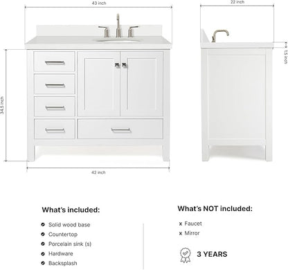 ARIEL Cambridge 42-inch Bathroom Vanity with Sink,Solid Wood, 1.5-inch Pure White Quartz Countertop & Backsplash, Single Oval Porcelain Sink, 2 Soft Closing Doors, 5 Dovetail Drawers, White
