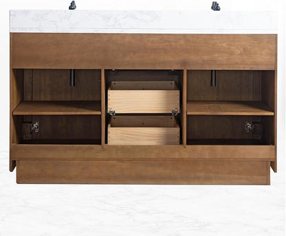 HOMEBEYOND 60" Bathroom Vanity with Double Sink & Ceramic Top, MDF Material Vanity Cabinet with Basin Combo, Soft-Closing Doors, Removable Shelf, Backsplash, Tan