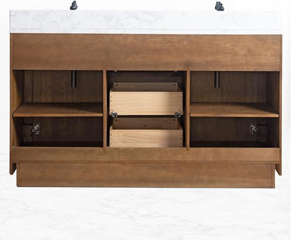 Vanity Art 60 inch Double Sink Bathroom Vanity, Vanity Cabinet with Doors and Shelf, Modern Wood Bathroom Vanity with White Marble Top, Solid Wood Frame, 3 Functioning Drawers, VA7060DE