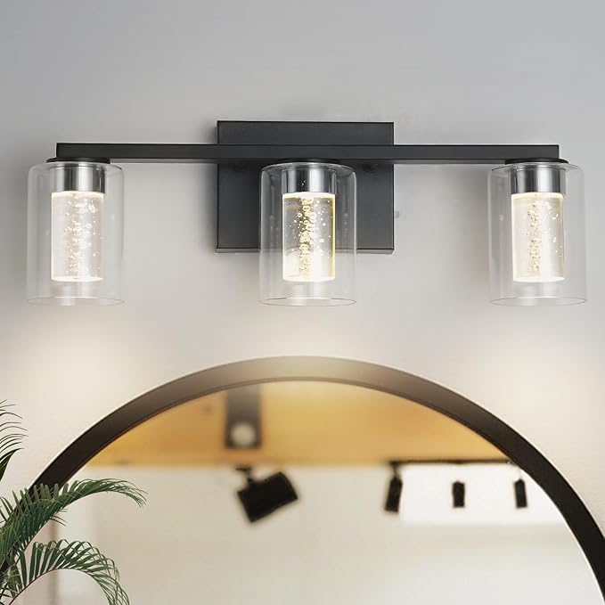 3-Light Bathroom Light Fixtures, Black Modern Vanity Lights with Clear Glass Shade, Bathroom Wall Lamp with Crystal Bubble for Mirror Kitchen Living Room Hallway