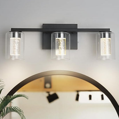 3-Light Bathroom Light Fixtures, Black Modern Vanity Lights with Clear Glass Shade, Bathroom Wall Lamp with Crystal Bubble for Mirror Kitchen Living Room Hallway