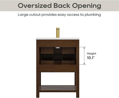 24 Inch Bathroom Vanity with Sink, Farmhouse Storage Cabinet with Drawers & Open Storage Shelf, Easy Assembly, Adjustable Feet, Walnut
