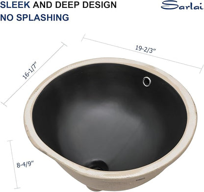 Sarlai Black Undermount Bathroom Sink - 19 x16 inch Oval Vessel Sink Under counter Lavatory Black Ceramic Vanity Sink with Overflow, Modern Art Basin, Interior Size 17-2/5" x 14-1/9"