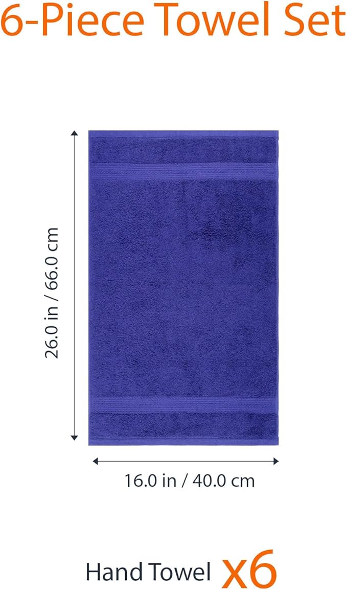 Amazon Basics 100% Cotton Fade-Resistant Hand Towels for Bathroom, Soft Absorbent, 26" x 16", Navy Blue, 6-Pack