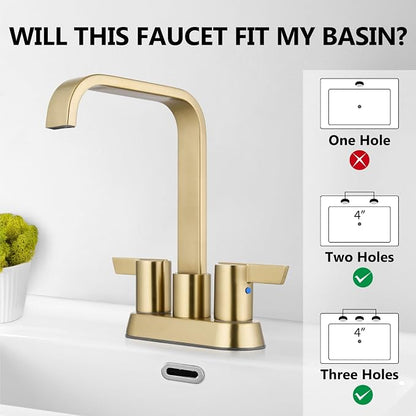 Brushed Gold Waterfall Bathroom Faucet 4 Inch Centerset,2-Handle | Stainless Steel 3-Hole Deck-Mount Design Includes Supply Lines and Pop-Up Drain for a Complete Vanity Installation