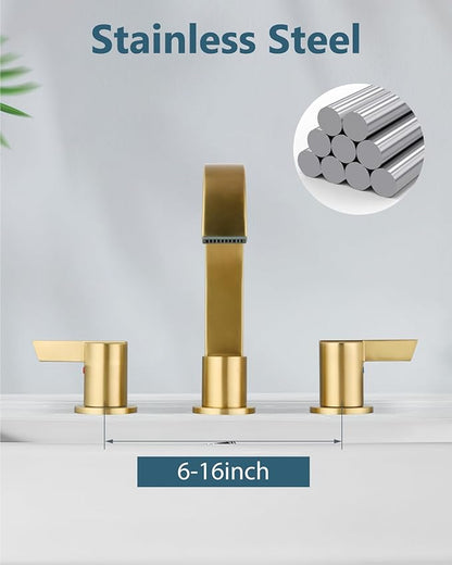 Aolemi Bathroom Faucets 3 Hole,8 Inch Widespread Waterfall Bathroom Sink Faucet,2 Handles Vanity Faucet with Pop-up Drain and Supply Hose,Gold
