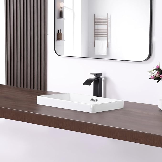 Small Bathroom Vessel Sink 16.7'' x 12.6'' Semi Recessed Bathroom Sink Rectangular Drop-in Vanity Sink with Overflow White Ceramic Modern Art Basin