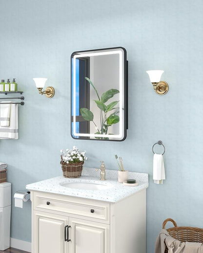 16x24 Inch LED Medicine Cabinet Mirror for Bathroom, Wall Mounted or Recessed Medicine Cabinet with Lights and Mirror, Full Metal, Stable & Removable 2 Shelves, Adjustable 3 Colors, Black