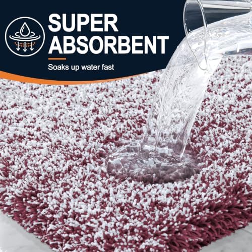 OLANLY Microfiber Bathroom Rugs 47x17, Quick Dry Mat, Burgundy and White