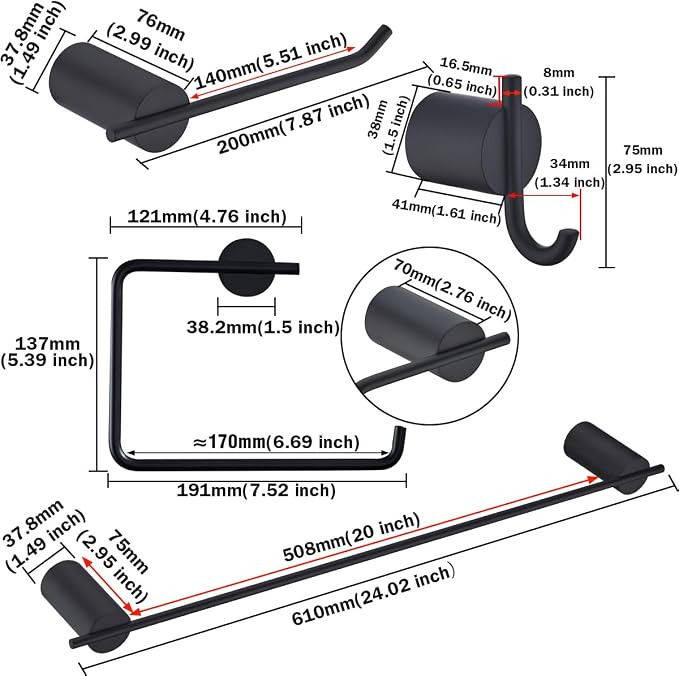 RANDOM Matte Black Bathroom Hardware Set 5 Pieces Include 24 inch Towel Bar Towel Ring Toilet Paper Holder Towel Hook for Bathroom,SUS304 Stainless Steel.RD96068S-5MB-2