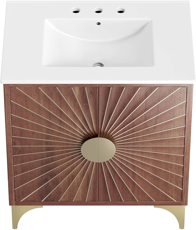 Modway Daylight Bathroom Vanity Cabinet with Ceramic Sink Basin, 30 Inch, White Walnut