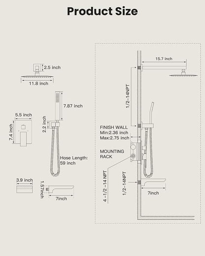 gotonovo Tub Shower Faucet Set with Valve 12'' Rain Head,Brushed Nickel | Waterfall Tub Spout Shower System,Bathtub Faucet Set,SUS304 Rain Head with Handheld,Brass Valve Trim Kit,All Metal,Wall Mount