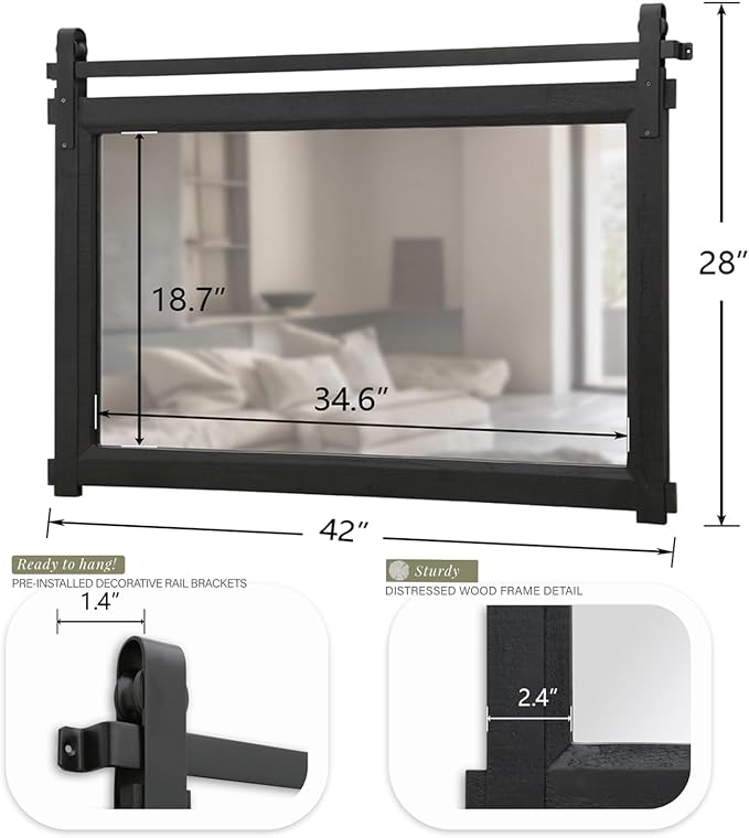 Besdomus Bathroom Black Farmhouse Mirror: 42"x28" Barn Door Rustic Solid Cedar Wood Frame - Wall Mounted Mirror for Fireplace/Living Room/Bathroom Remodel - Modern Farmhouse Decor for Homemakers