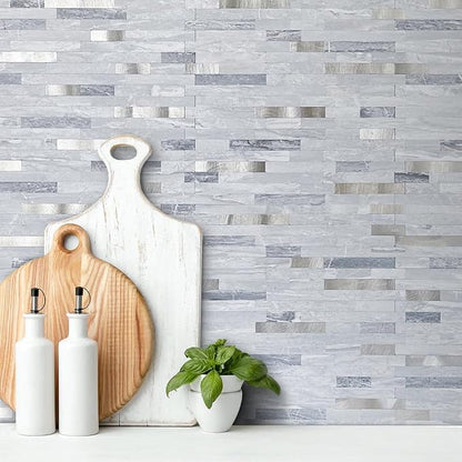 AULIGET 20 Sheets Faux Stone Peel and Stick Backsplash, Light Grey Marble Look PVC Mixed Metal Wall Tiles Stick on Backsplash for Kitchen