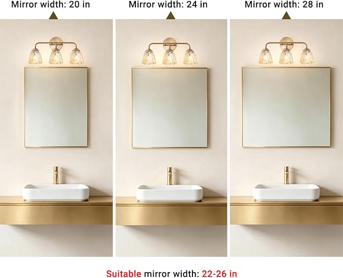 Daunton Vintage 3 Light Vanity Light, Gold Bathroom Vanity Light, Bathroom Light Fixtures with AmberGlass Shade, Antique Vanity Light Fixtures Over Mirror, Wall Sconce for Bedroom, Living Room