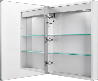 VEVOR Lighted Medicine Cabinet with Mirror, 24 x 30 in Recessed or Wall Mount, 3 Color Dimmable LED Bathroom Medicine Cabinet with HD Mirror, Clock, Adjustable Shelve Storage, Memory Defog Function
