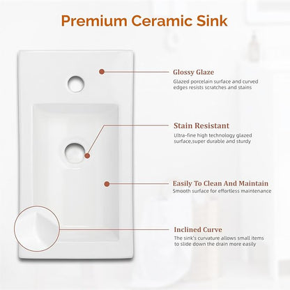 VINGLI 18" Floating Fluted Bathroom Vanity with Ceramic Sink, Wall Mounted Bathroom Vanity Cabinet with Fluted Single Door&White Ceramic Basin Top, 18 Inch Floating Wall Sink Cabinet Combo,Walnut