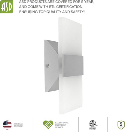 ASD 8 Inch Indoor LED Wall Sconce - 10W 2700K-5000K Dimmable Brushed Nickel Wall Sconce Lights for Living Room, Bedroom, Bathroom, Hallway - Modern Wall Sconces Hardwired, ETL Interior Light, Set of 2