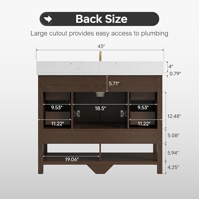 42 Inch Bathroom Vanity with Sink, Fully-Assembled, Walnut | Farmhouse Bathroom Vanity Cabinet with Solid Wood Frame, Soft-Close Drawers & Open Shelf, Ceramic Sink & Backsplash
