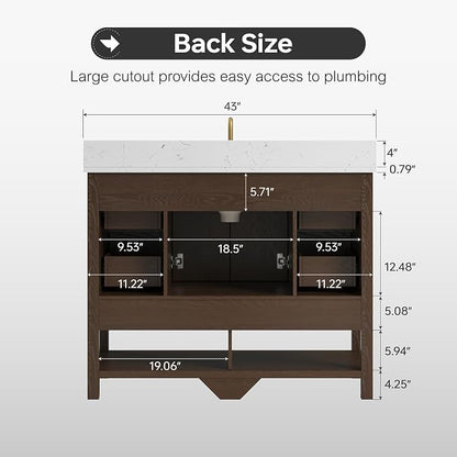 42 Inch Bathroom Vanity with Sink, Fully-Assembled, Walnut | Farmhouse Bathroom Vanity Cabinet with Solid Wood Frame, Soft-Close Drawers & Open Shelf, Ceramic Sink & Backsplash