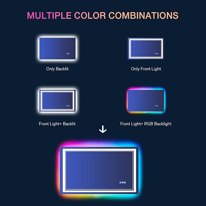 40x24 Inch RGB LED Bathroom Mirror with Lights | Front and RGB Backlit, Dimmable, Memory, Anti Fog, Shatterproof, Horizontal/Vertical, Lighted Mirrors for Bathroom Wall