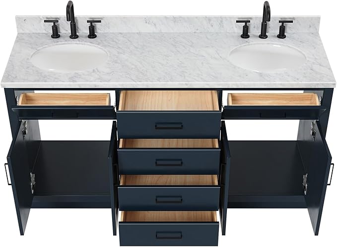 ARIEL Hepburn 66-inch Bathroom Vanity with Sink,Solid Wood, 0.75-inch Italian Carrara Marble Countertop, Double Oval Porcelain Sink, 4 Soft Closing Doors, 6 Dovetail Drawers, Midnight Blue