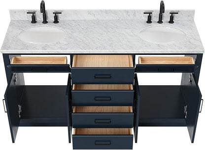 ARIEL Hepburn 66-inch Bathroom Vanity with Sink,Solid Wood, 0.75-inch Italian Carrara Marble Countertop, Double Oval Porcelain Sink, 4 Soft Closing Doors, 6 Dovetail Drawers, Midnight Blue