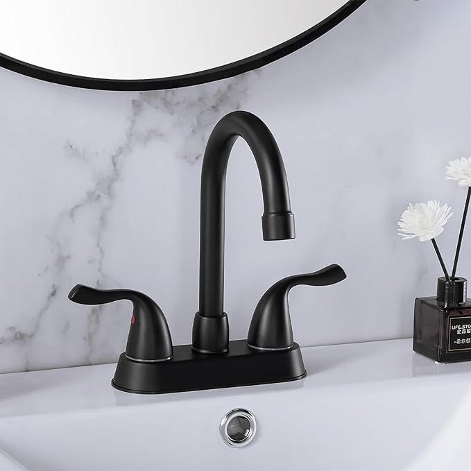 Matte Black 4-Inch Centerset Bathroom Faucet, 2-Handle 3-Hole Sink Faucet with Pop-up Drain & Supply Lines