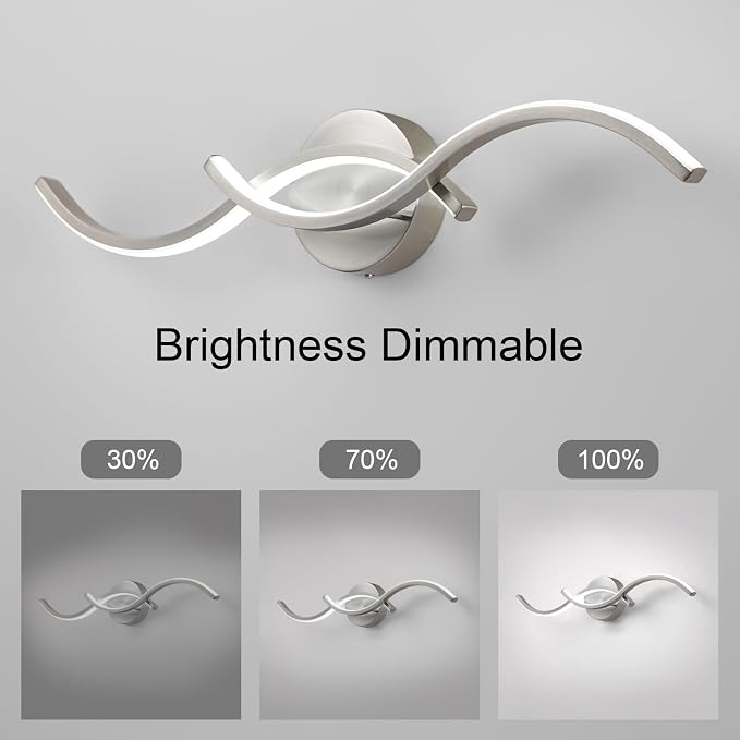 EDISLIVE Modern Wave LED Vanity Light Dimmable Modern Led Vanity Light Fixtures Linear Wall Sconce with Acrylic Strip Shade，24 in LED Vanity Lights for Bathroom Bedroom Makeup Living Room, Nickel
