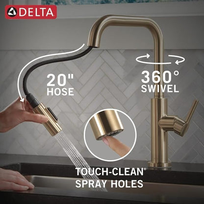 Delta Faucet Nicoli U-Spout Kitchen Faucet with Pull Down Sprayer, Champagne Gold Kitchen Sink Faucet, Modern Kitchen Faucet, Single Hole Kitchen Faucet, Champagne Bronze 19868LF-CZ