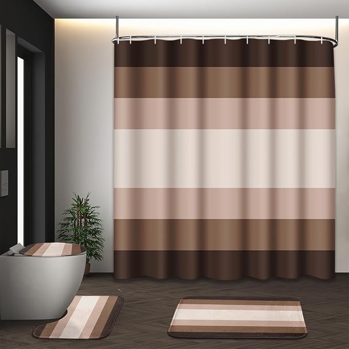 Bathroom Sets with Shower Curtain and Rugs, 4 Pcs, Abstract Ombre | Striped Modern Lines Bathroom Decor Set with Toilet Lid Cover, Non-Slip Bath Mats and Accessories 12 Hooks