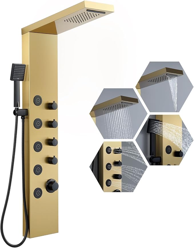 ROVATE 4-in-1 Rainfall Waterfall Shower Panel Tower System, Brushed Gold | Shower Column with Body Massage Jets and Handheld, Stainless Steel High Pressure, Use Multiple Functions Simultaneously
