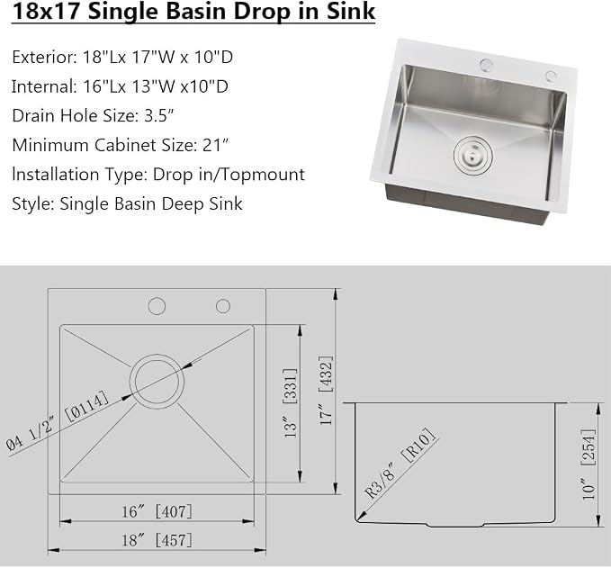 18x17 Drop In Bar Sink Small Stainless Steel Outdoor Sink for Kit | Top Mount Single Bowl, 16-Gauge Stainless Steel, Rust-Proof & Easy Clean, Smooth Flow & Quiet, Great for RV & Outdoor.