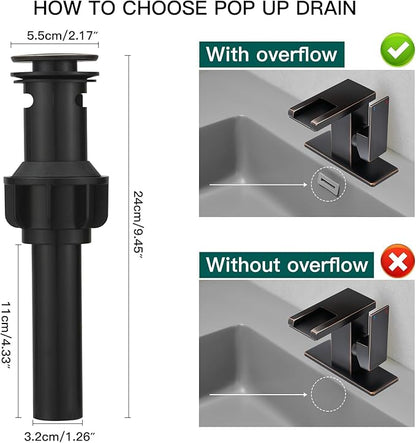Hoimpro LED Waterfall Bathroom Faucet Oil Rubbed Bronze, Single Handle Bathroom Sink Faucet 1 Hole, 3 Colors Light Changing, with Pop-up Drain and cUPC Supply Lines, Stainless Steel