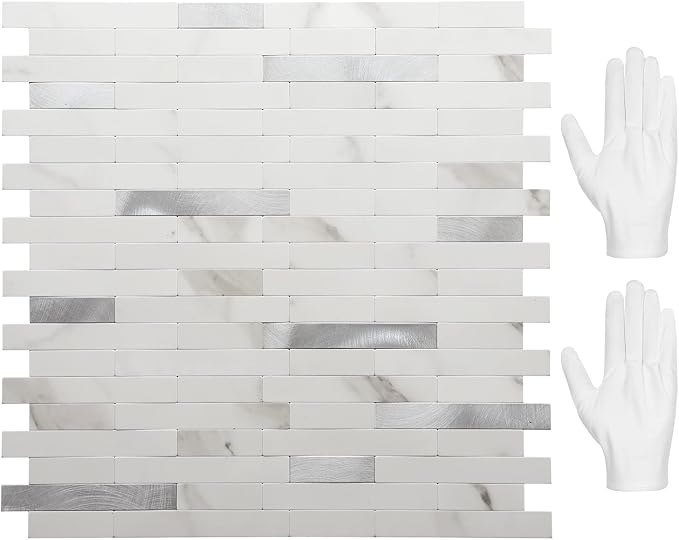 STICKGOO Peel and Stick Backsplash,PVC Wall Tiles Stick on Backsplash for Kitchen(10 Sheets, Statuario White with Metal Silver)