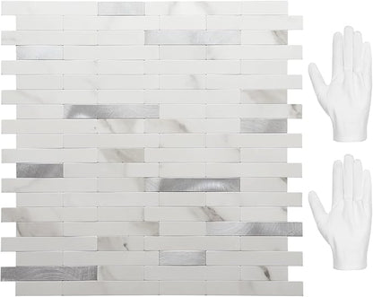 STICKGOO Peel and Stick Backsplash,PVC Wall Tiles Stick on Backsplash for Kitchen(10 Sheets, Statuario White with Metal Silver)