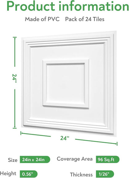 STICKGOO PVC Ceiling Tiles, 2'x2' Glue Up Ceiling Panel White to Prevent Breakage Cover 96 Sq. Ft, Pack of 24 Tiles