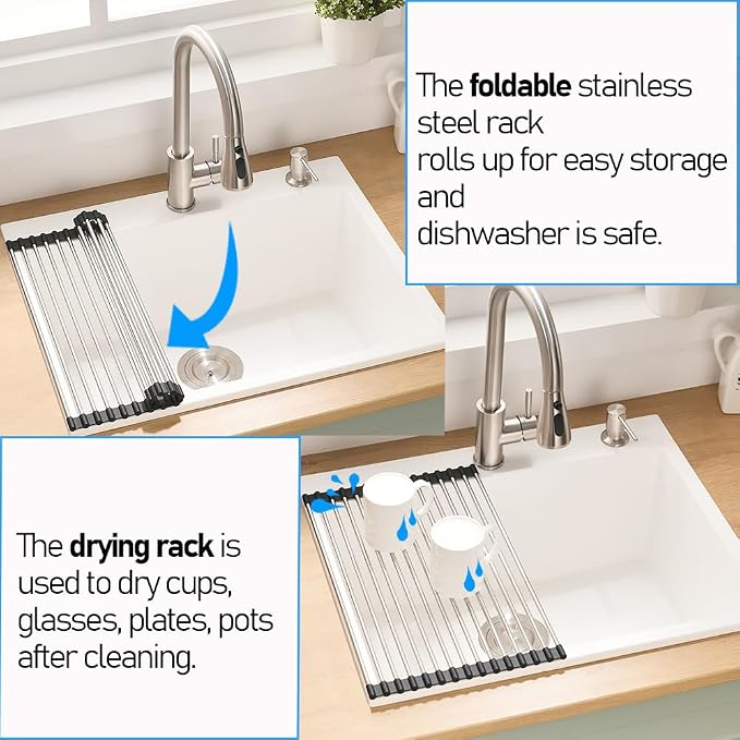 25 Inch White Drop In Kitchen Sink | 25x22 Drop In Kitchen Sink Quartz Granite Composite Single Bowl Outdoor Top Mount Basin with Small Rubber Squeegee