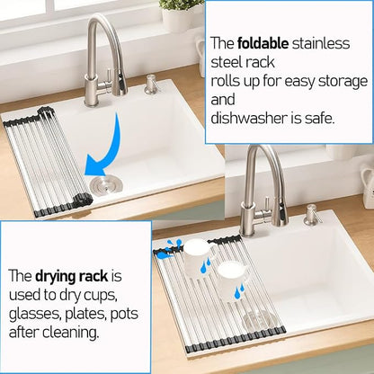24 Inch White Drop in Bar Sink Quartz | 24x19 Inch Granite Composite Quartz Outdoor Rv Topmount Sink Single Bowl Wet Bar Sink with Small Rubber Squeegee