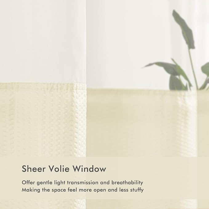 No Hook Cream Shower Curtain with Snap-in Fabric Liner 71x74 | Embossed Waffle-Look Textured, Sheer Window, Soft & Lightweight, Water Repellent Fabric Shower Curtain for Bathroom