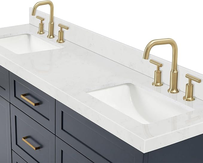 ARIEL Hamlet 66-inch Bathroom Vanity with Sink,Solid Wood, 1.5-inch Carrara White Quartz Countertop, Double Rectangular Porcelain Sink, 4 Soft Closing Doors, 3 Dovetail Drawers, Midnight Blue
