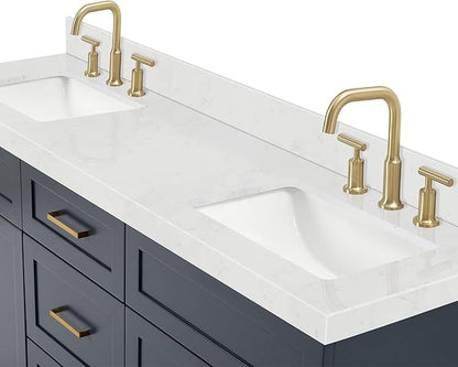 ARIEL Hamlet 66-inch Bathroom Vanity with Sink,Solid Wood, 1.5-inch Carrara White Quartz Countertop, Double Rectangular Porcelain Sink, 4 Soft Closing Doors, 3 Dovetail Drawers, Midnight Blue